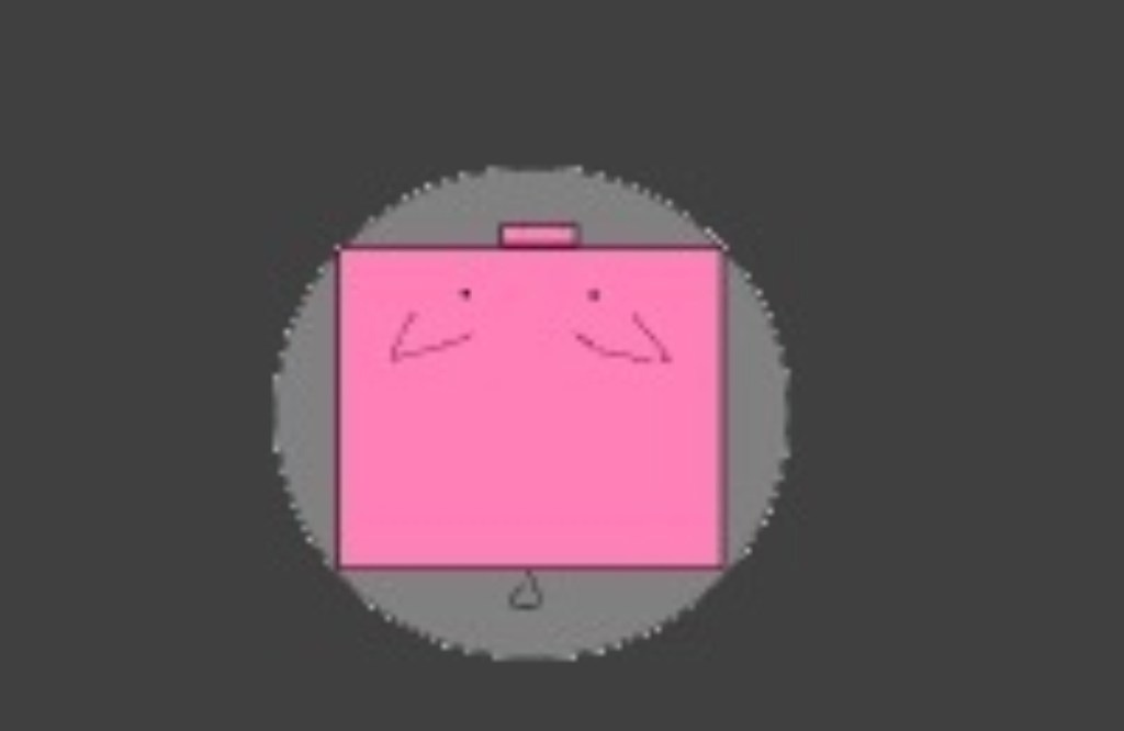 Image is a square pink cartoon pig in a circular gray frame