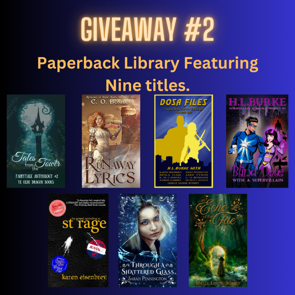 Giveaway #2
Paperback library featuring nine titles.