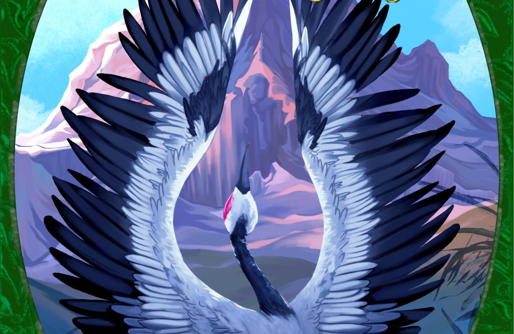 Cover image for A Quest for Hidden Things (Tales from Deep River book 1) by Karen Eisenbrey. The green leather binding is decorated with a pattern of leaves and has brass corners. The oval artwork in the center show a white and black crane raising its wings in front of a craggy mountain.