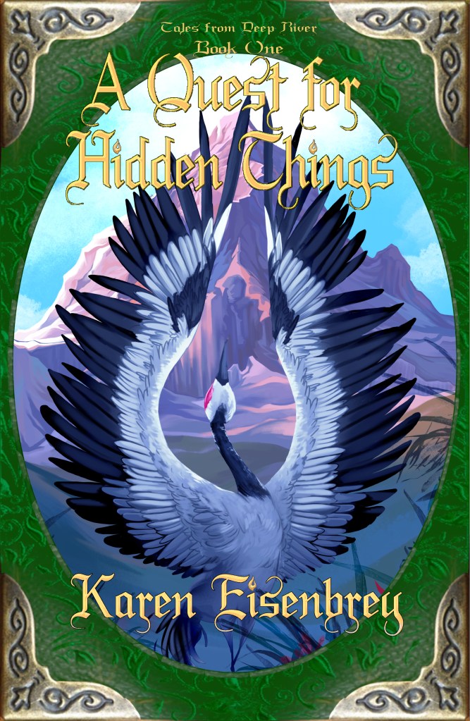 Cover image for A Quest for Hidden Things (Tales from Deep River book 1) by Karen Eisenbrey. The green leather binding is decorated with a pattern of leaves and has brass corners. The oval artwork in the center show a white and black crane raising its wings in front of a craggy mountain.