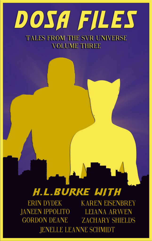 Cover image for DOSA Files volume III shows 2 superhero figures silhouetted in yellow against a dark blue background, behind a black skyline.