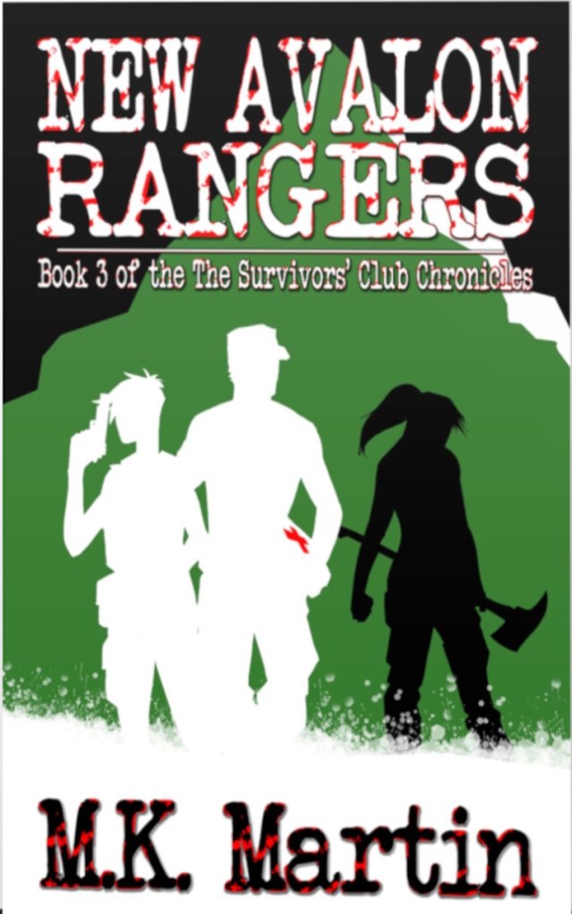 Cover image for New Avalon Rangers Book 3 of the Survivors' Club Chronicles by M. K. Martin. Two white and one black silhouettes of human figures against a green background.