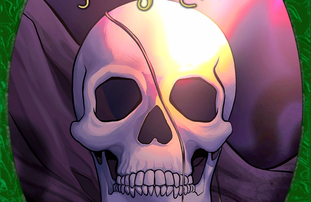 Cover of Promise Stones and Granny's Bones (Tales from Deep River Book 3) by Karen Eisenbrey. A frame of decorated green leather with ornate metallic corners surrounds an oval opening around an image of a human skull resting on soft fabric. A translucent red stone bound in a cord drapes over the skull. A beam of light shines on them.