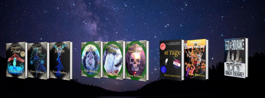 3D images of 9 books against a starry background: Daughter of Magic, Wizard Girl, Death's Midwife, A Quest for Hidden Things, Deep River Rising, Promise Stones and Granny's Bones, The Gospel According to St. Rage, Barbara and the Rage Brigade, and Ego & Endurance